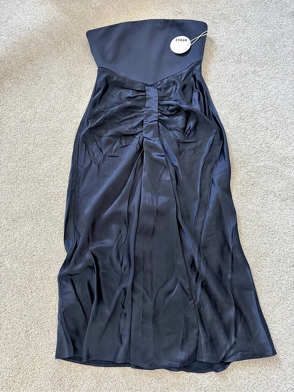 STAUD Midi Wayfaring Dress Ruched Strapless Blue Size 10 NWT retails $450 - Picture 5 of 9